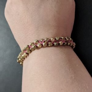 Gold Tone Diamond Cut Faceted Beaded Pink Cord Statement Bracelet